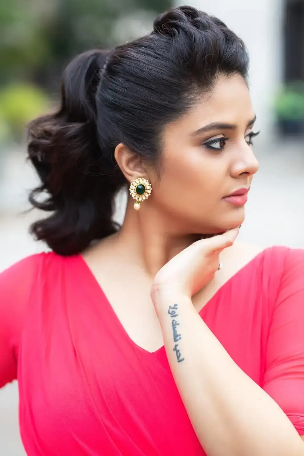 South Indian Television Actress Sreemukhi in Long Red Gown